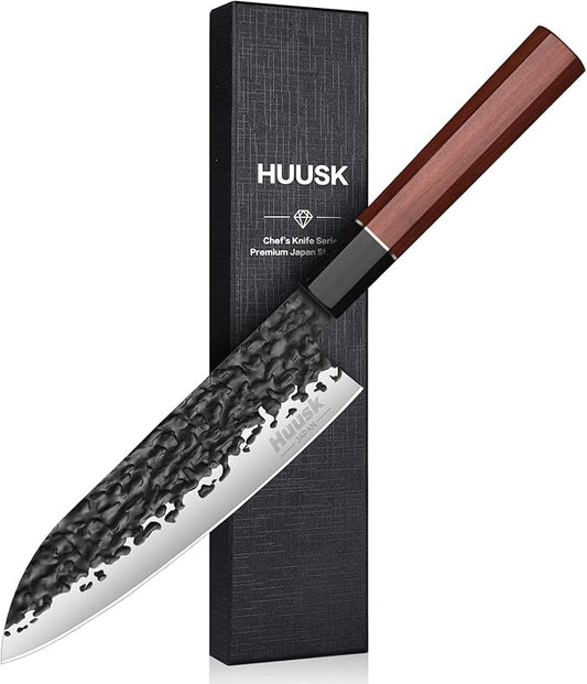 Huusk Japanese Santoku Chef Knife - 7" Hand Forged Knives, 3 Layers 9CR18MOV High Carbon Kitchen Knife, Professional Sharp Chopping Knife with Ergonomic Handle for Meat, Vegetables, Fish