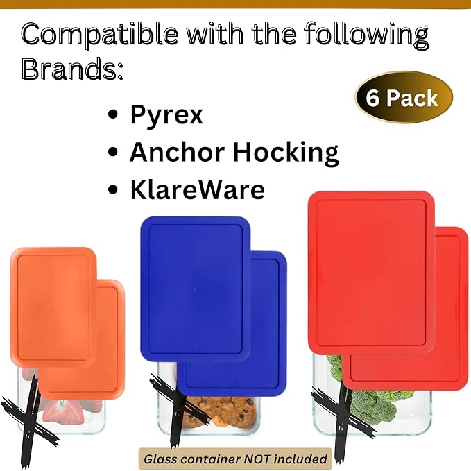 3, 6 & 11 Cup Orange, Blue, Red Replacement Lids/Covers for Pyrex, Anchor Hocking & KlareWare Storage Bowls *Lids Only Glass Container Not Included* (6 Pack *Two of Each Size*)