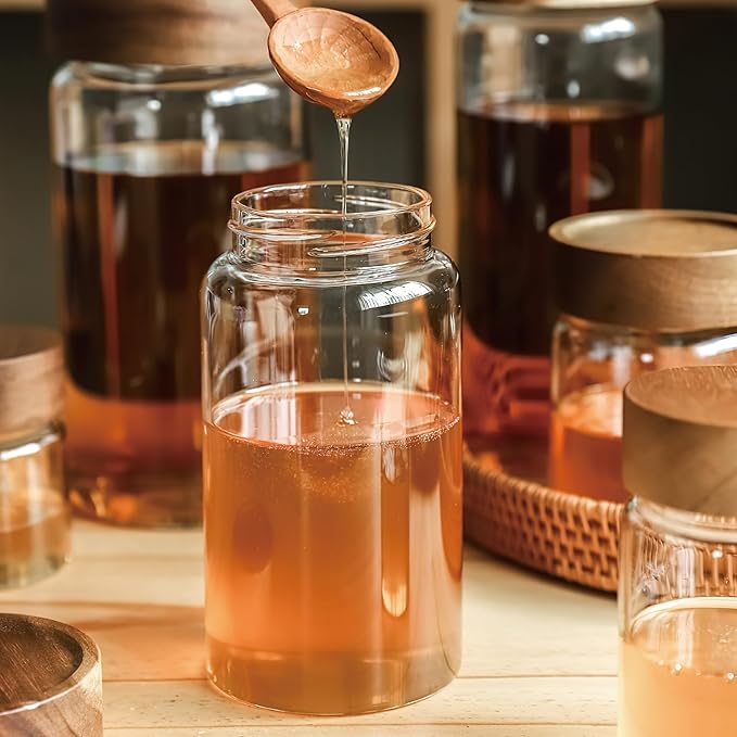 3 Pack 28 oz/850 ml Clear Glass Storage Canister with Airtight Wooden Screw On Lid, Medium Decorative Glass Container Jar Set for Coffee, Candy, Cookie, Condiment, Pepper, Sugar, Oatmeal