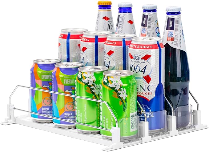 Rula Drink Organizer for Fridge, Self-Pushing Soda Can Dispenser for Mini Refrigerator, Width Adjustable Water Bottle Pusher Glide, White, 3 Rows,12.2” D