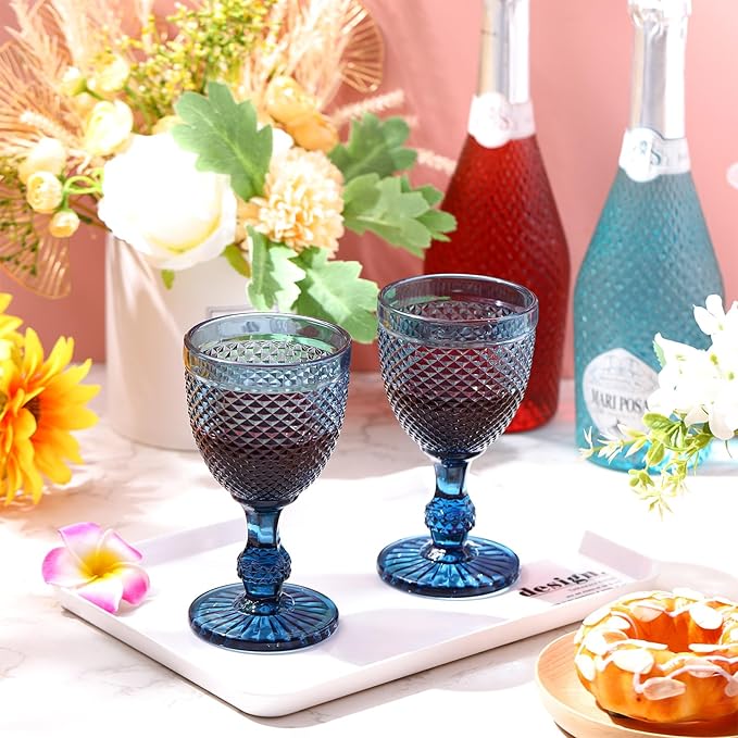 Bokon 12 Pack Blue Glass Goblets Set 10 oz High Clear Wine Glass Vintage Water Goblets Cups Embossed Diamond Design Glassware with Stem for Drinking Juice Liquor Party Wedding Bar
