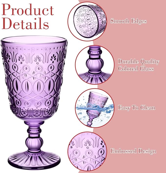 Eaasty Wine Glasses Set of 6 Vintage Goblet 9 oz Vintage Colored Glass Goblet Beverage Stemmed Glass Cups Romantic Embossed Glassware for Wedding Party Holidays Anniversary (Multi Colors)