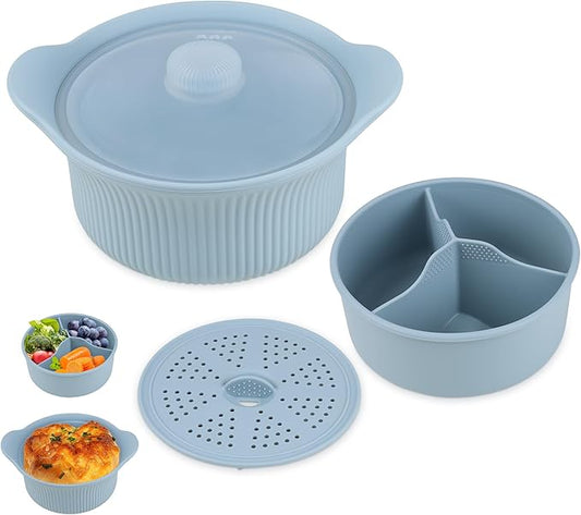 Silicone Microwave Steamer - Microwave Pot Steamer Basket Bowl for Baby Food, Vegetables & Dumplings, Compact & Lightweight Design, Oven & Dishwasher Safe (Blue, L 42oz(1250ml))