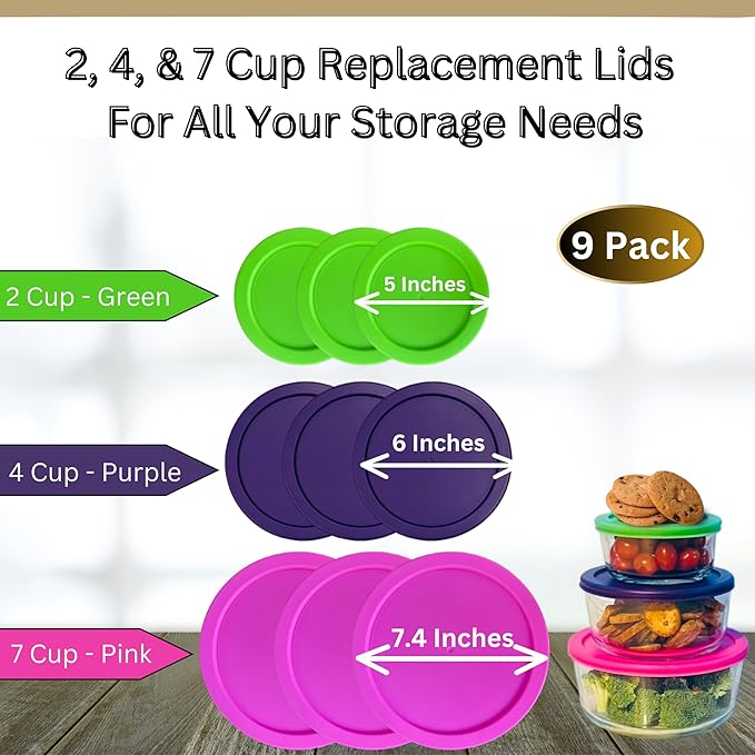 2, 4 & 7 Cup Spring Green, Purple, Pink Replacement Lids/Covers for Pyrex, Anchor Hocking & KlareWare Storage Bowls *Lids Only Glass Container Not Included* (9 Pack *Three of Each Size*)