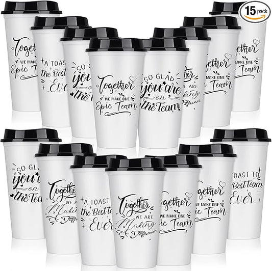 Pickmesh 15 Pcs Employee Appreciation Gifts Christmas Thank You Gift for Team Building 16 oz Teacher Plastic Coffee Cup with Lid Inspirational Travel Tumbler for Coworker Staff Pastor (White)