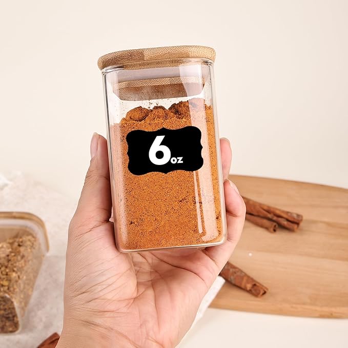 6oz Glass Spice Jars with Bamboo Lid and Label, 12 Pack Square Glass Container, Small Food Storage Containers for Kitchen, Clear Empty Seasoning Jar for Sugar, Salt, Coffee Bean, Herb, Borosilicate