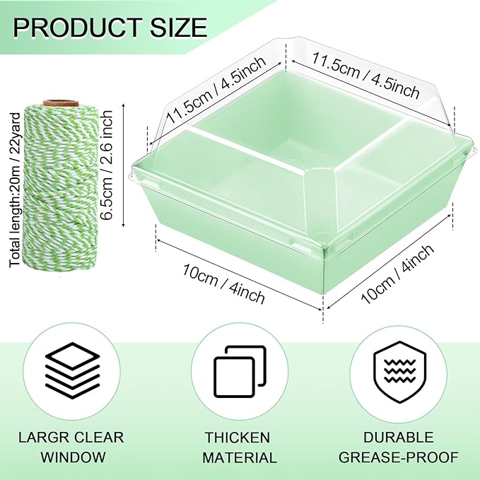 Ctosree 100 Pcs Paper Charcuterie Boxes with Clear Lids 4.5 Inches Disposable Cake Square Dessert Container Bakery Boxes Bundle with Rope for Food Cake Slice Cookie Sandwich Dessert(Light Green)