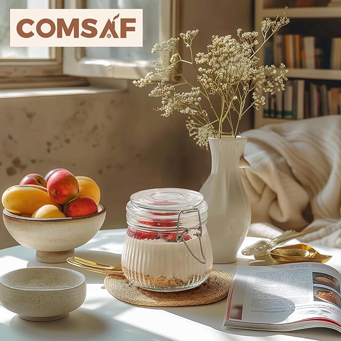 ComSaf Airtight Glass jar with lid 17oz, Glass Storage Containers with Lids, Small Canister, Mason Jars, Minimalist Jar for Kitchen Canning, Overnight Oats, Pickle, Spice, Set of 6