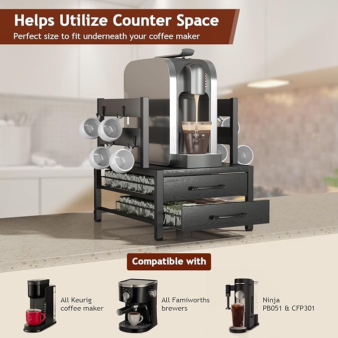 K Cup Holder Drawer - K Cup Storage Organizer, Coffee Pod Drawer with Hooks, Durable Iron-Wood Design, Space-Saving Coffee Station Organizer for Kitchen Counter
