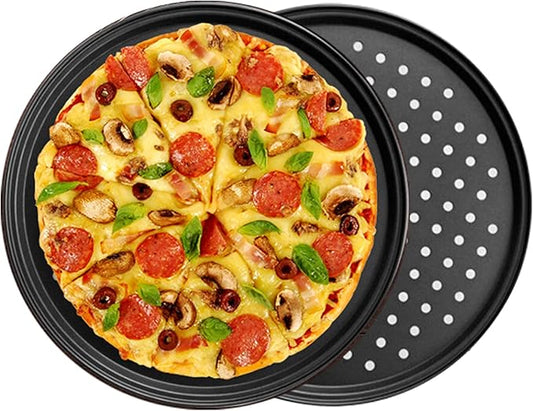 9.6 inch Pizza Pan With Holes, Carbon Steel Perforated Non-Stick Bakeware for Home Kitchen Oven, 2 Pack