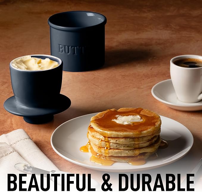 Zulay Kitchen Butter Crock With Lid & Spreader Knife for Countertop - Ceramic French Butter Dish Keeper For Fresh & Spreadable Butter - Midnight Blue