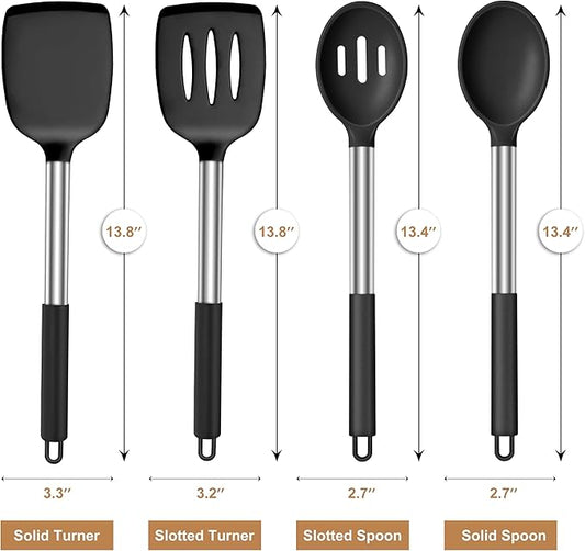 LIANYU Kitchen Cooking Utensils Set of 4, Silicone Spatula Cooking Spoon Set for Nonstick Cookware, Heat Resistant Kitchen Gadget Tools with Stainless Steel Handle, Heat Resistant Utensils, Black