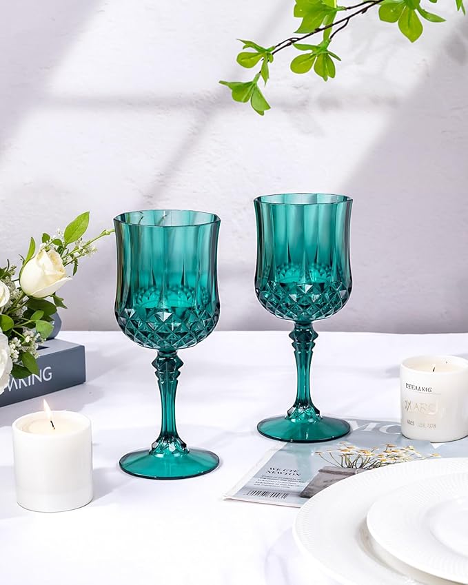 Ciaell 24PCS Green Plastic Wine Glasses - 7 Oz Plastic Goblets for Party - Green Vintage Drinking Glasses - Disposable Water Goblets Set for Wedding, Bar, Wine, Beer, Juice, Cocktail, Christmas