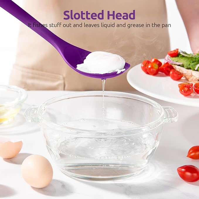 600ºF Heat Resistant Silicone Spoons: U-Taste 13.3in Solid & Slotted Kitchen Cooking Spoon, Nonstick Food Grade Long Rubber Utensil, Sturdy for Mixing, Serving, Frying, Draining (Purple, 2PCS)