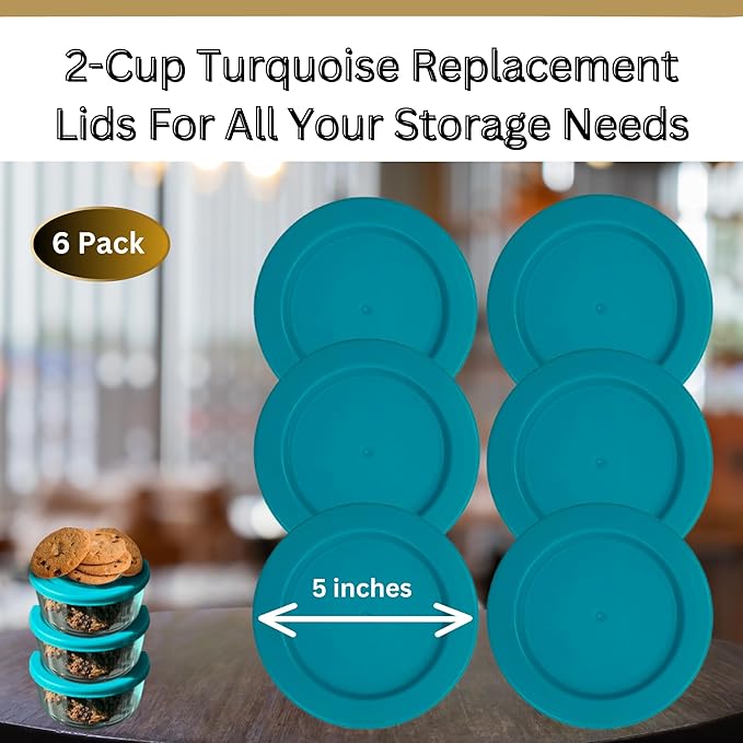 2 Cup/470 mL Turquoise Replacement Lids/Covers for Pyrex 7200-PC, 2 Cup/16oz Anchor Hocking & Klare Ware Storage Bowls *Lids Only* - *Glass Container Not Included* (6 Pack, Turquoise)