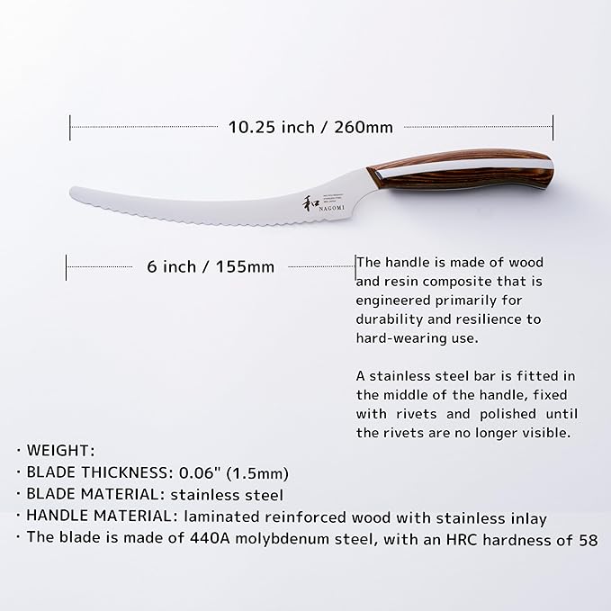 NAGOMI] 6 inch Serrated Cake Knife - Made in Seki, Japan - Blade in 440A and Comfortable Pakkawood Handle - Japanese Sharp Knife
