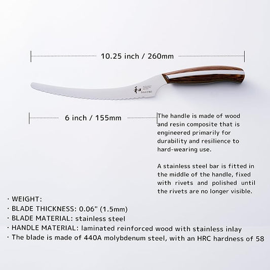 NAGOMI] 6 inch Serrated Cake Knife - Made in Seki, Japan - Blade in 440A and Comfortable Pakkawood Handle - Japanese Sharp Knife