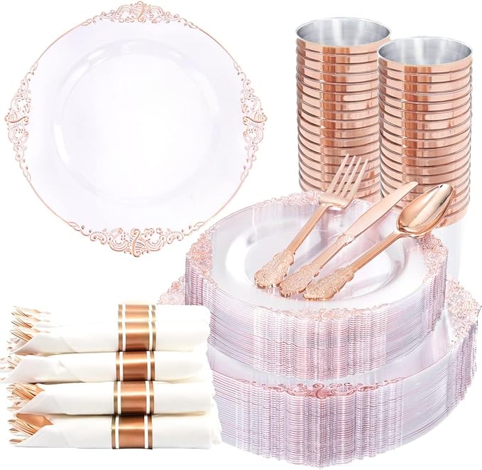 Nervure 350PCS Rose Gold Plastic Plates - Rose Gold Plastic Dinnerware Sets for 50 Guests - 100 Disposable Plates, 150 Silverware, 50 Cups, 50 Napkins for Wedding & Party