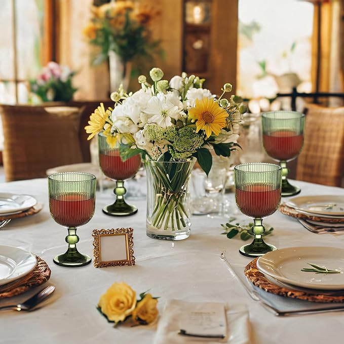 24 Pcs Green Vintage Wine Glasses, 11 Ounces Colored Glass Water Goblets, Unique Embossed Pattern High Clear Stemmed Glassware Wedding Party Bar Glass Drinking Cups Fancy Glasses Vertical Line Set