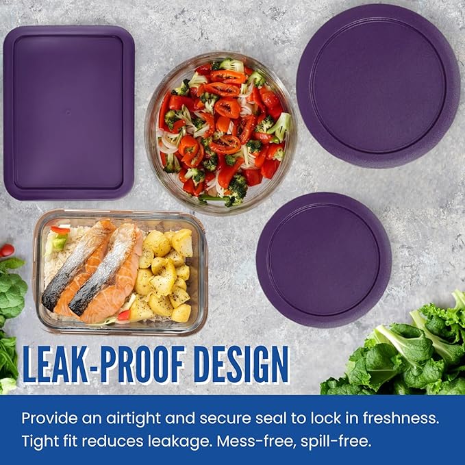 Replacement Lids for Pyrex Glass Food Storage Containers Rectangular (1) 1-Cup (2) 2-Cup (2) 4-Cup (1) 7-Cup (2) 3-Cup (1) 6-Cup Round Rectangle (Purple)