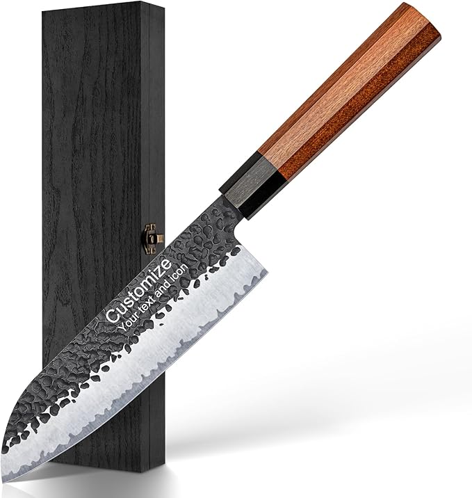 Professional 7" Japanese Santoku Knife, Handcrafted 5 Layers 9CR18MOV High Carbon Steel Kitchen chef Knife with Ergonomic Rosewood Handle and Luxury Sandalwood Box (Personalized Design)