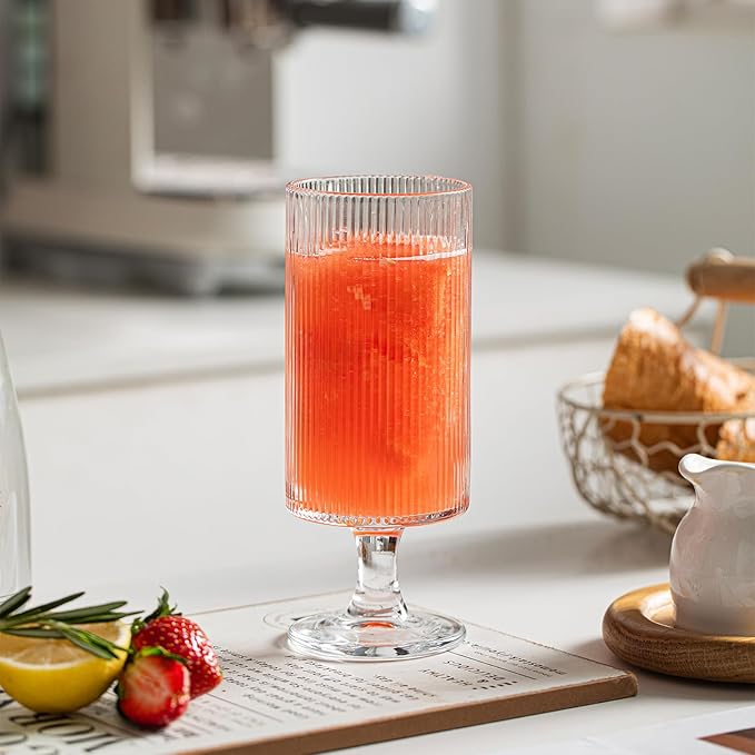 INSETLAN Set of 4 Ribbed Glass Goblets – 12oz Vertical Stripe Stemmed Glassware for Cocktails, Wine, and Beverages – Elegant Durable Glass Cups for Parties, Weddings, and Everyday Use