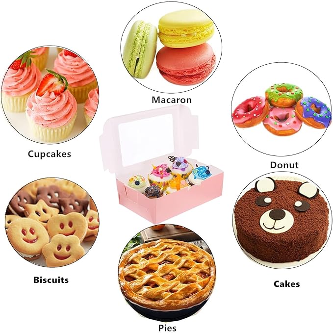 20 Pack Cupcake Boxes 6 Count with Window, Muffin Box with Inserts, Cake Boxes, Paper Bakery Cookie Boxes Ideal Take Out Container Box for Cupcake, Cake, Pastry, Treats, Dessert, Donuts (Pink)