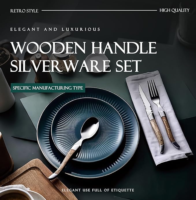 6 Piece Silverware Set, Flatware Set for 2, 1810 Stainless Steel Tableware Cutlery Set With Golden teak wood handle, Utensil Sets for Kitchen,Dishwasher Safe (6pcs)