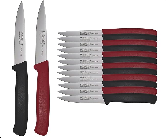 Paring Knife Set, 12 Pieces Utility Knives - MATTSTONE HILL Commercial-Grade Small Kitchen Knife, German Steel Blade, Restaurant Industry Utility Knife 12-Piece Set, Black & Red Handle