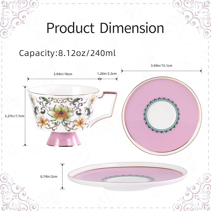 KAMMAK Ceramic Tea Cup and Saucer Set with Gold Trim, Floral Lotus & Scroll Pattern, 240ml Elegant Bone China Coffee Cup Set in Mint Green & Pink for Afternoon Tea, Gift for Women