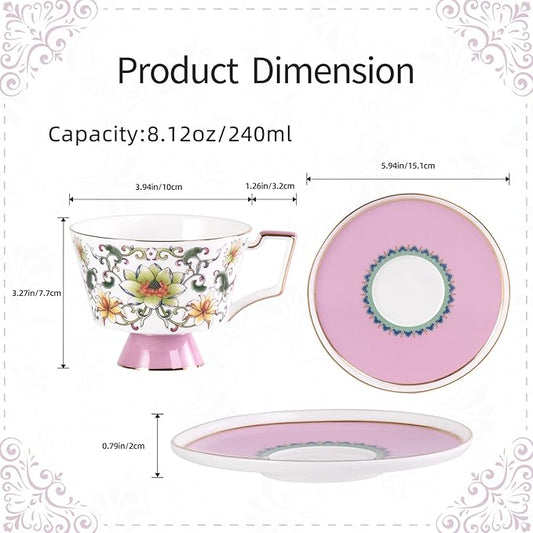 KAMMAK Ceramic Tea Cup and Saucer Set with Gold Trim, Floral Lotus & Scroll Pattern, 240ml Elegant Bone China Coffee Cup Set in Mint Green & Pink for Afternoon Tea, Gift for Women