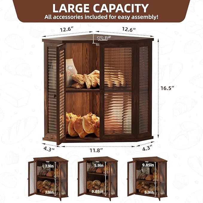Corner bread box Bread Box for Kitchen Countertop - Corner Bread Storage Box 16.5" H, Premium Pine Wood with Glass Door, Perfect for Homemade Bread, Baguettes & Pastries (Brown)