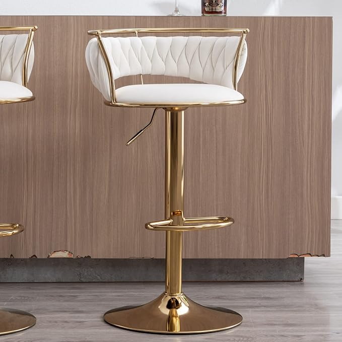LukeAlon Velvet Adjustable Bar Stools, Modern 360° Swivel Counter Stools with Golden Base Upholstered Open Back Tall Bar Chair with Footrest for Home Kitchen, White