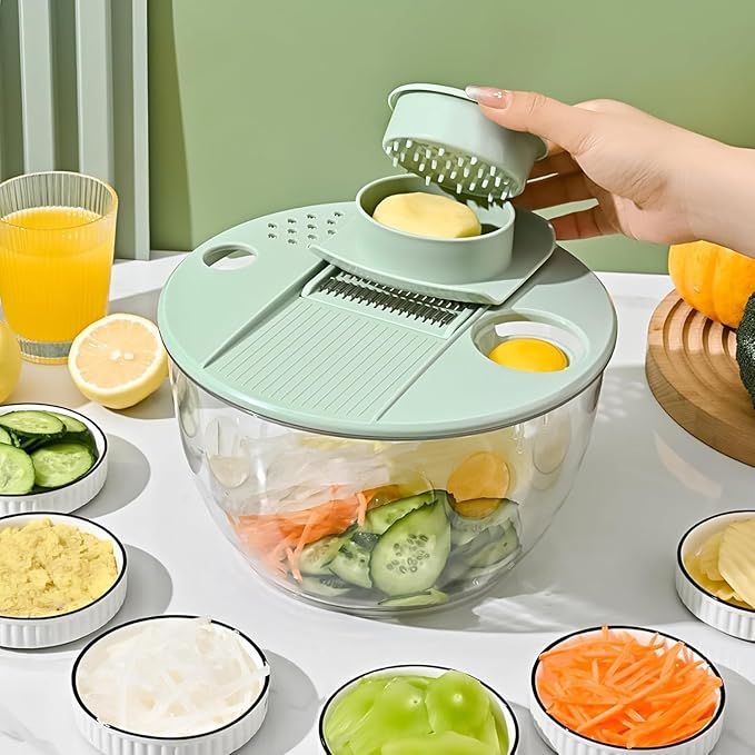 Large Salad Spinner and Slicer - 5.3 Qt, Grater with Container and Lid & Kitchen Gadget set, Vegetable Dryer Grater, with Fruits Wash Bowl, with Slicer and Shredder (Light Green)