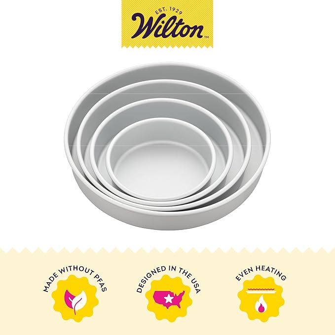 Wilton Aluminum Round Cake Pan Set, 4-Piece for Layered Cakes,Durable, Even Heating, Rust-Resistant, Professional Bakeware, 8, 10, 12 in., Package May Vary