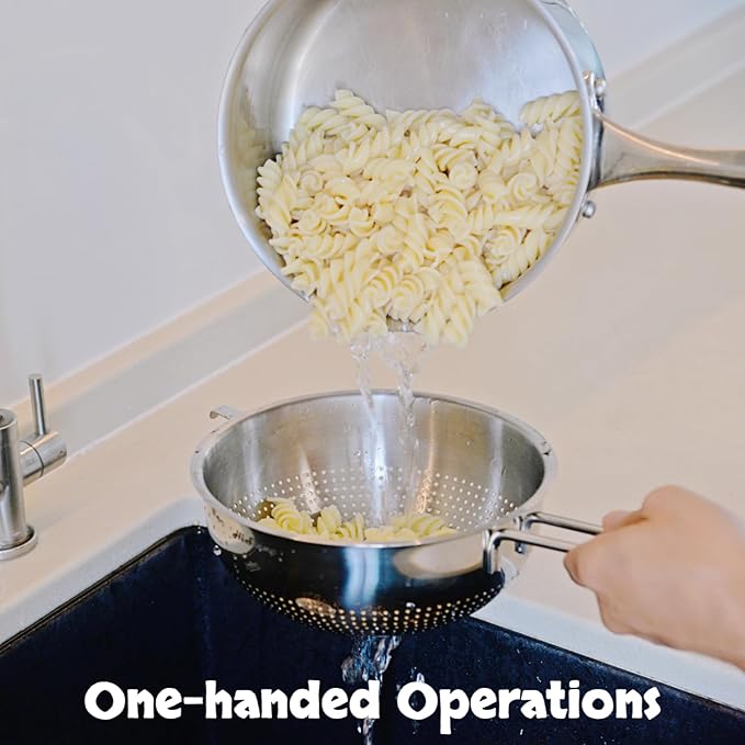 7-Inch Stainless Steel Strainer Colander with Handle, 1.5 Qt, Small, Ideal for Draining, Straining or Rinsing, Rivet-free Design, Easy to Clean