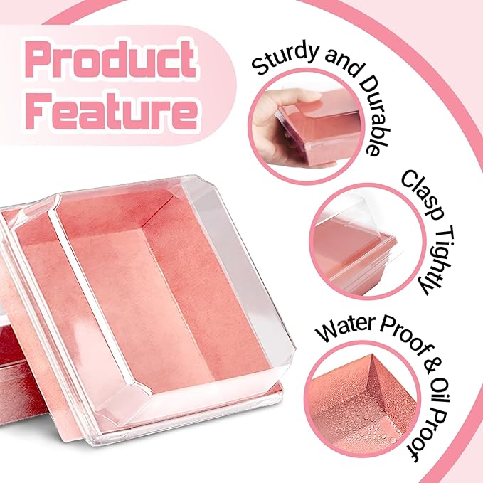 Plastic Charcuterie Boxes with Clear Lids 4in 100pcs, Pink Small Square To Go Paper Bakery Dessert Boxes, Disposable Mini Food Containers for Sandwich Cookie Slice Cake Strawberry Snack