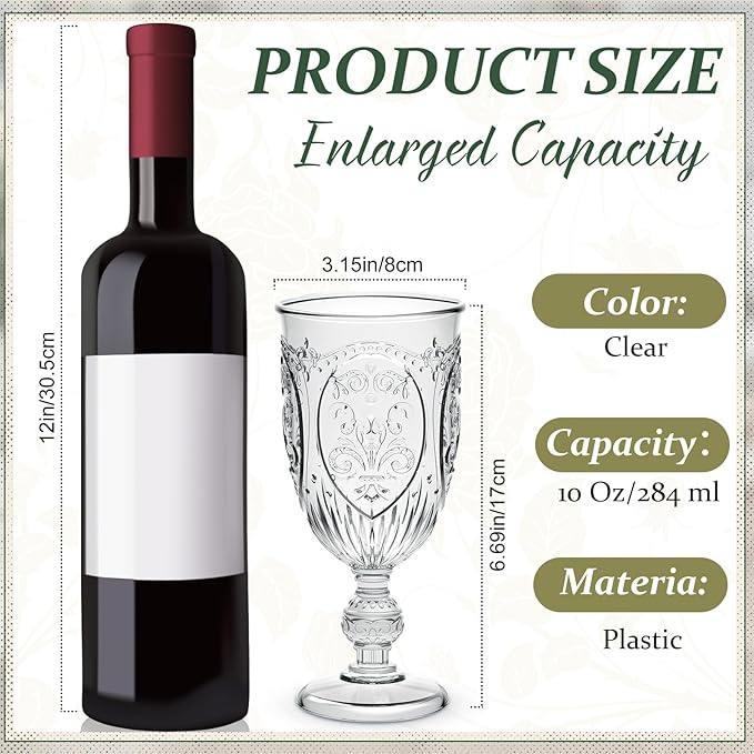 60 Pack Plastic Goblets 10oz Upgrade Vintage Water Goblet Plastic Wine Glasses Colored Retro Embossed Glassware for Party Wine Bar Juice Baby Shower Wedding Reception Grand (Clear)