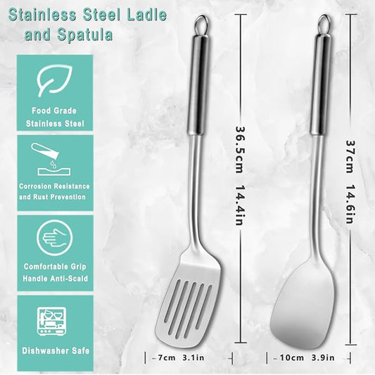 Pleafind 2-Pcs Solid & Slotted Spatula Set, 304 Stainless Steel Spatula, Metal Spatulas, Wok Utensils, Cooking Utensils, Wok Spatulas for Home, Kitchen and Restaurant, Dishwasher Safe