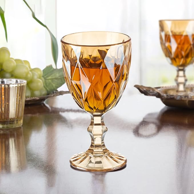 24 Pcs Vintage Wine Glasses, 10 Ounce Colored Glass Water Goblets, Unique Embossed Pattern High Clear Stemmed Glassware Wedding Party Bar Glass Drinking Cups Fancy Wine Glasses Amber Set of 24