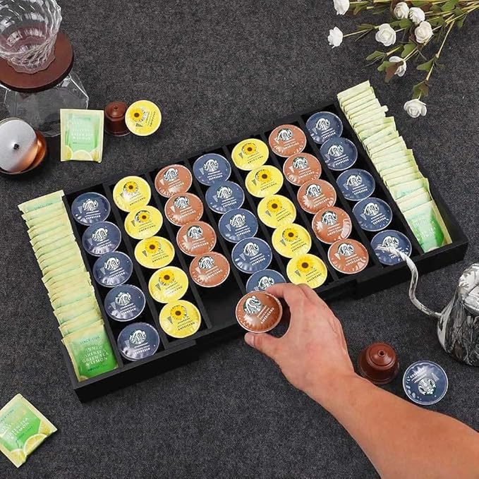K Cup Holder Bamboo Coffee Pod Holder Drawer Organizer, Expandable K Cup Pod Storage Tea Bag Storage for Coffee Station Home Office and Kitchen （Black