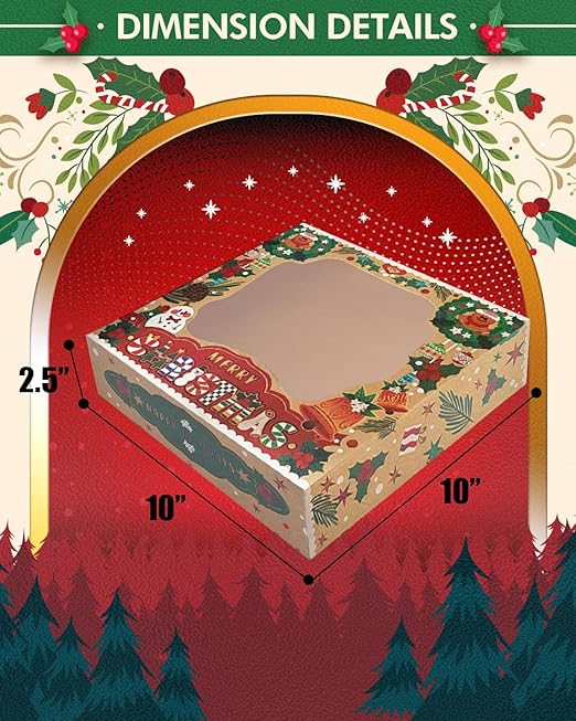qiqee Christmas Kraft Pie Boxes with Window 10x10x2.5 inch 30Packs Cookie Donut Bakery Box