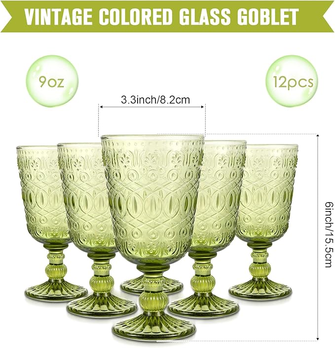 Eaasty Wine Glasses Set of 12 Vintage Goblet 9 oz Vintage Colored Glass Goblet Beverage Stemmed Glass Cups Romantic Embossed Glassware for Wedding Party Holidays Anniversary (Green)