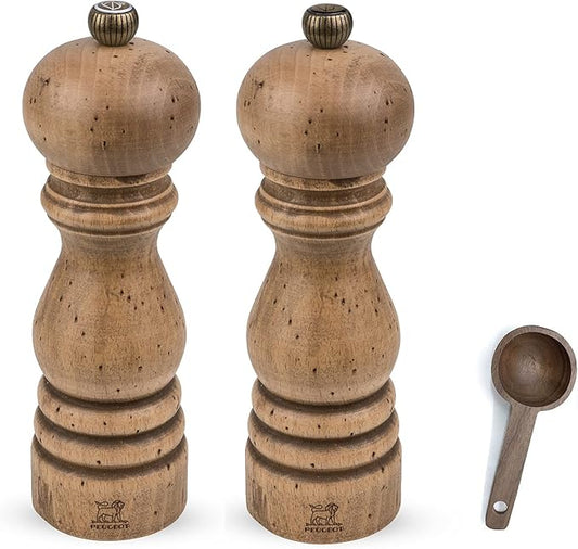 Peugeot Paris Classic Collection Antique Salt & Pepper Mill Natural - With Wooden Spice Scoop (7 Inches)