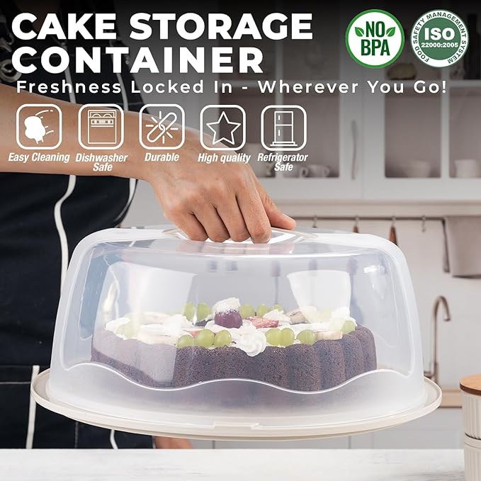 13 Inch Cake Carrier with Locking Lid and Handle, Stylish Big Round Container for Kitchen Storage, BPA Free Stand, Plastic Holder for Transporting, Donuts, Cupcakes, Pies (Navy Blue, Set of 1)