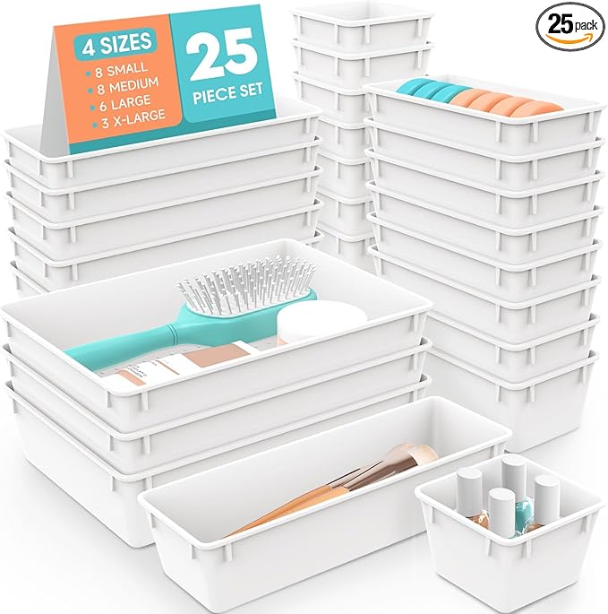 25 PCS Plastic Drawer Organizer Set, 4-Size Versatile Organizer Trays & storage Bins for Makeup, Jewelry, and Gadgets in Bathroom, Bedroom and Office, White
