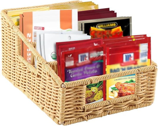 Pantry Snack Organizers and Storage Box,Handwoven Wicker Basket with 4 Compartments Seasoning Packet Organizer,Remote Control Holder,Kitchen Cabinet Organization Bin for Tea Bags,Medicine