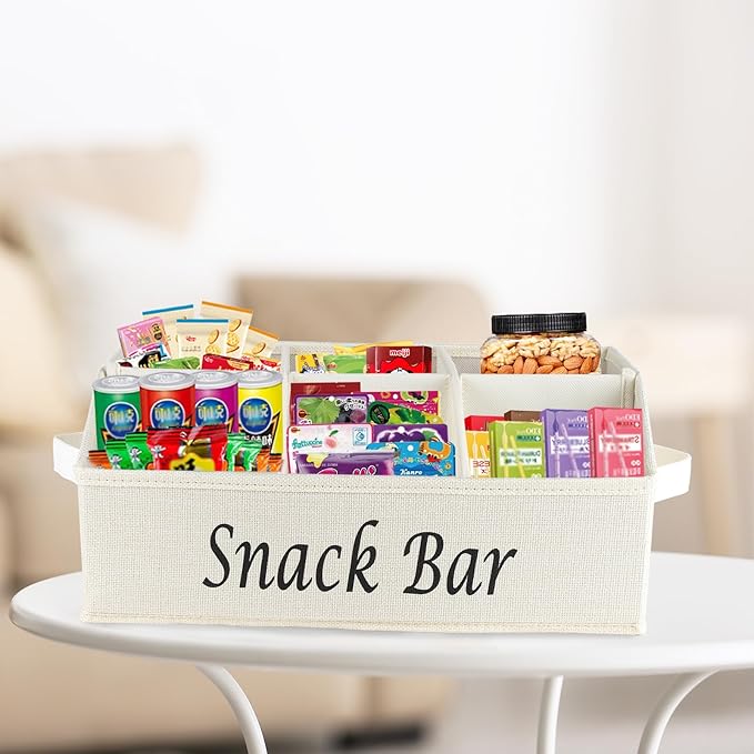 Snack Organizer for Countertop, 2 Pack Fabric Snack Container with Handles, 6 Compartment Snack Box Container Snack Basket, Snack Bar Station Decor, Kitchen Pantry Organizer and Storage