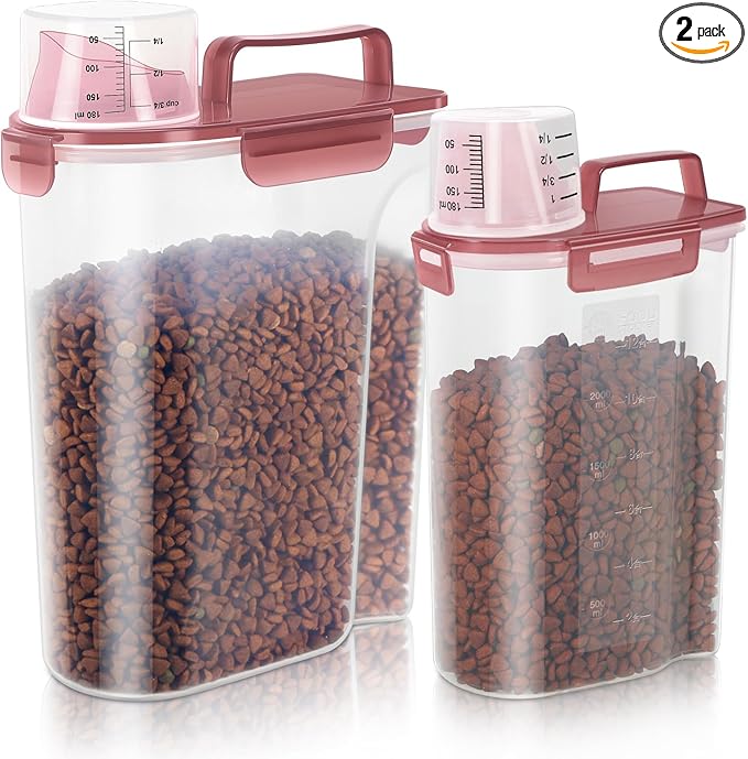 2Pack Cat Dog Food Storage Container with Upgraded Large Nozzle BPA-free, 3+5lbs Plastic Pet Food Containers with 4 Sealed Clasps/1 Measuring Cup/Handle Easy to Clean and Carry (Clear Pink)