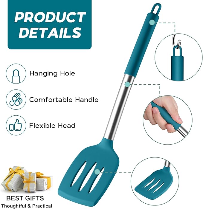 15pcs Kitchen Cooking Utensils Set with Holder, Onader Heat Resistant Silicone Kitchen Utensils Spatula Set with Stainless Steel Handle - Blue